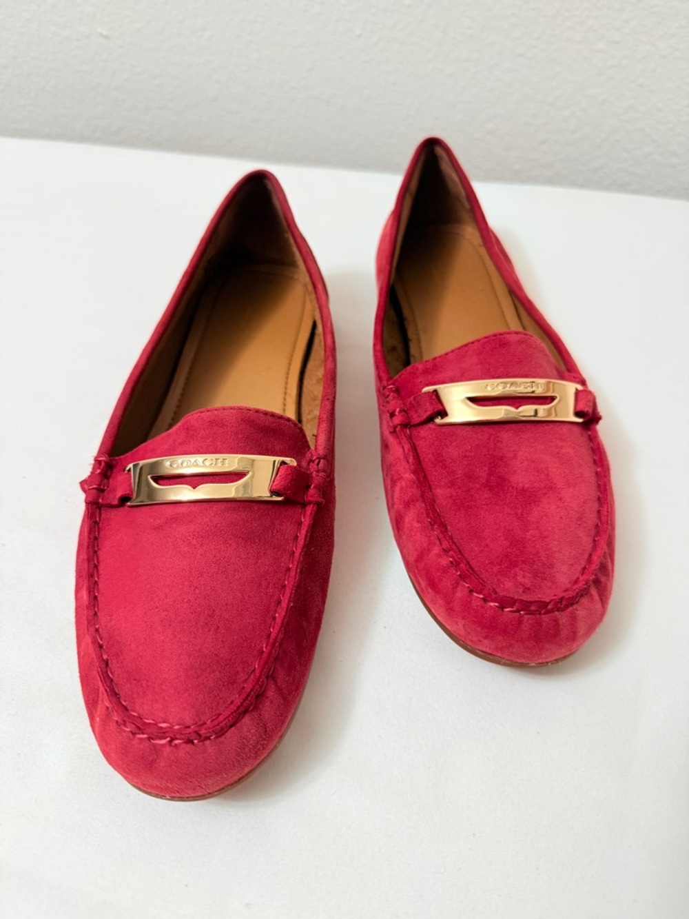 Coach Hot Pink Suede Driving Loafers Gold Logo Flats Womens 10
